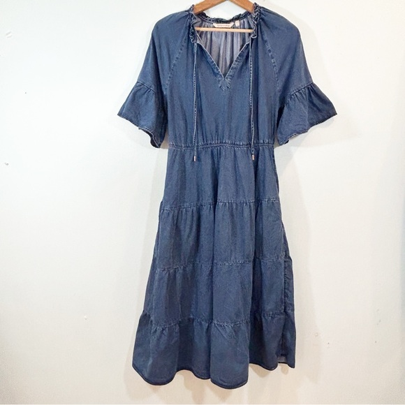 Soft Surroundings Jessanne TENCEL Denim Midi Dress Ruffle Sleeves - Picture 2 of 11